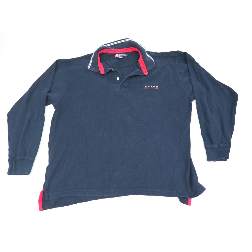 Chaps Ralph Lauren Mens XL 100% Cotton Rugby Polo Navy Red Trim Long Sleeve